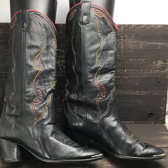 ACME Shoes - Acme Black Cowboy Boots With Colorful Embroidery